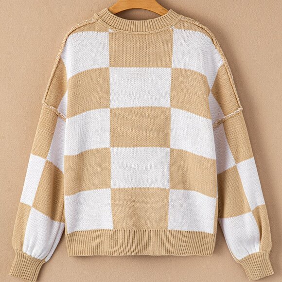 Khaki Checkered Bishop Sleeve Sweater - Picture 15 of 15